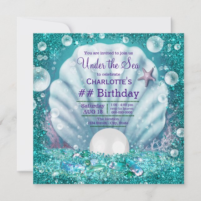 Invitación Fiesta de Cumpleaños Perla Verde Azul Bajo el Mar (Anverso)