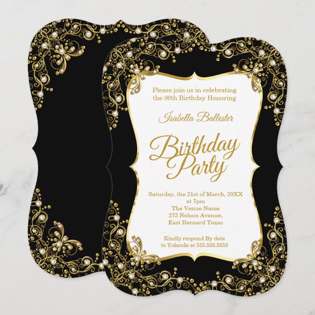 Invitación Fiesta de cumpleaños Perlas blancas de oro negras (Anverso / Reverso)