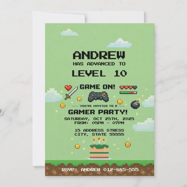 Invitación Fiesta de Cumpleaños Personal Arcade de Videojuego (Anverso)