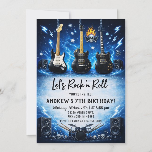 Invitación Fiesta de Cumpleaños Personal de Rock and Roll (Anverso)