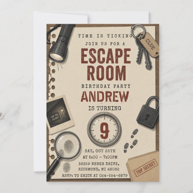 Invitación Fiesta de cumpleaños Personal Modern Escape Room (Anverso)