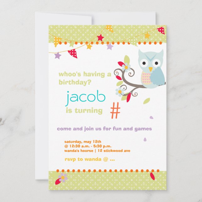 Invitación Fiesta de cumpleaños personalizada Aqua/Lime Owl (Anverso)