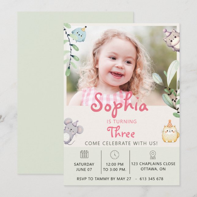 Invitación Fiesta de cumpleaños personalizada con animales de (Anverso / Reverso)