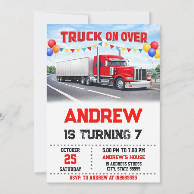 Invitación Fiesta de cumpleaños personalizada de camión semi  (Anverso)
