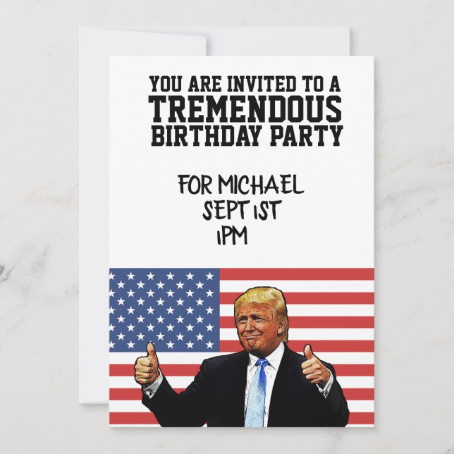 INVITACIÓN FIESTA DE CUMPLEAÑOS PERSONALIZADA DE DONALD TRUMP (Anverso)