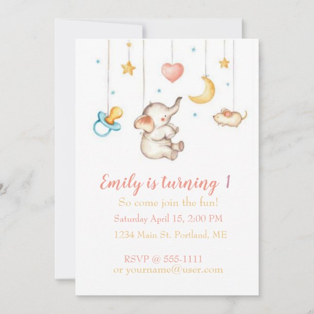 Invitación Fiesta de cumpleaños personalizada de elefante beb (Anverso)