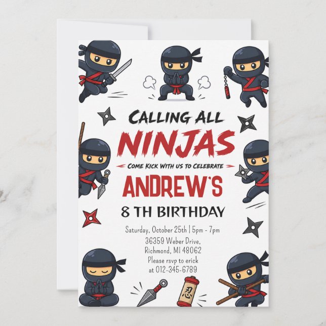 Invitación Fiesta de cumpleaños personalizada de guerrero nin (Anverso)