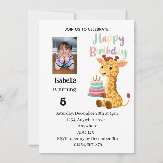 Invitación Fiesta de Cumpleaños Personalizada de Jirafa Adora (Anverso)