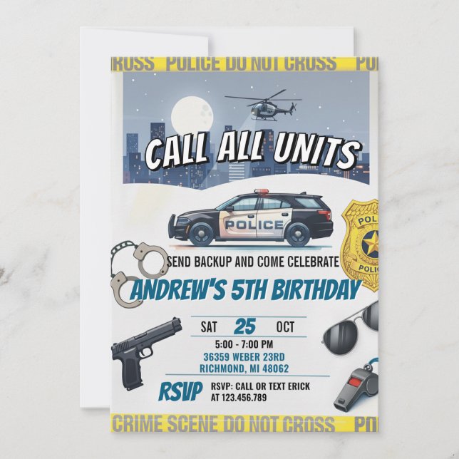 Invitación Fiesta de cumpleaños personalizada de la policía (Anverso)