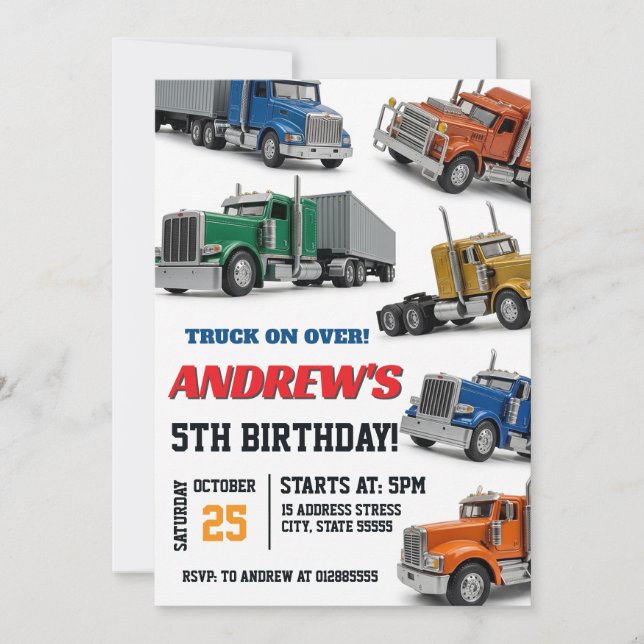 Invitación Fiesta de cumpleaños personalizada de semi-camión  (Anverso)