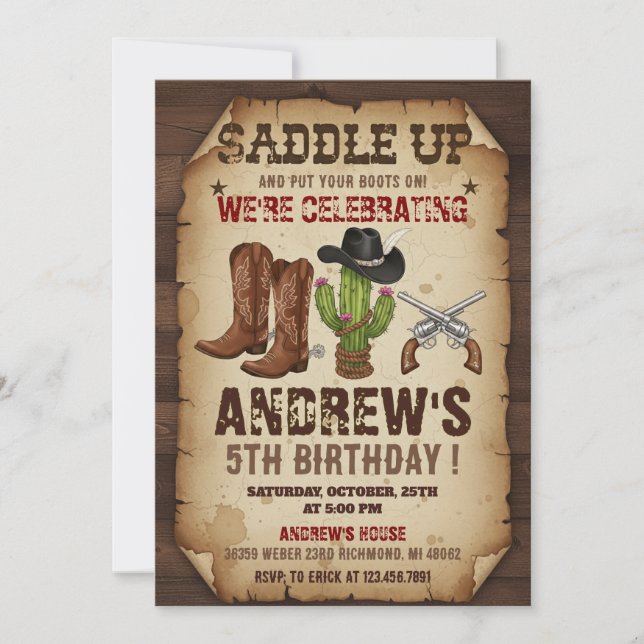 Invitación Fiesta de Cumpleaños Personalizada de Vaquero del  (Anverso)