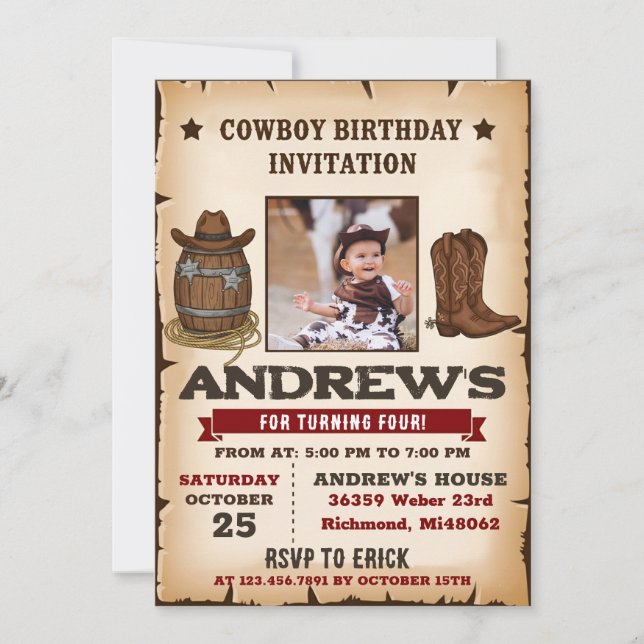 Invitación Fiesta de Cumpleaños Personalizada del Oeste Salva (Anverso)
