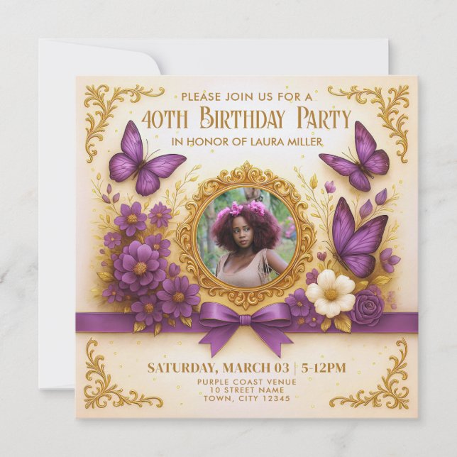 Invitación Fiesta de Cumpleaños Personalizada Mariposa Morada (Anverso)