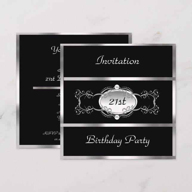 Invitación Fiesta de Cumpleaños Personalizada Negro Plata (Anverso / Reverso)