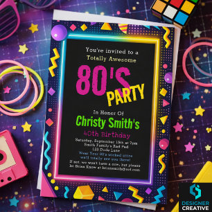 Invitación Fiesta de Cumpleaños Personalizada Retro Neon Años