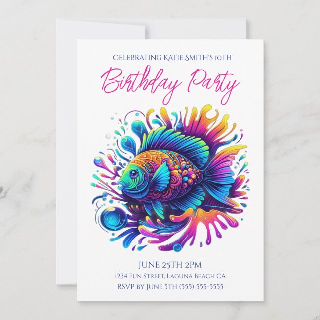 Invitación Fiesta de cumpleaños - Pescado colorido (Anverso)