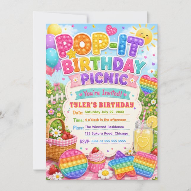 Invitación Fiesta de Cumpleaños Picnic Pop-It (Anverso)
