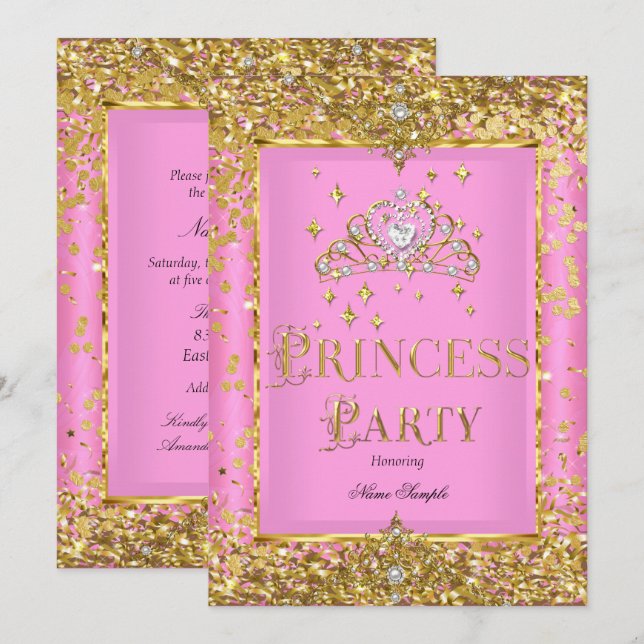 Invitación Fiesta de cumpleaños "Pink Gold Tiara" (Anverso / Reverso)