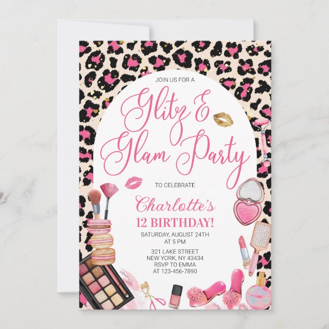 Invitación Fiesta de Cumpleaños Pink Leopard Glitz y Glam Par (Anverso)