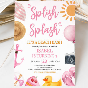Invitación Fiesta de Cumpleaños Pink Splish Splash en la Play