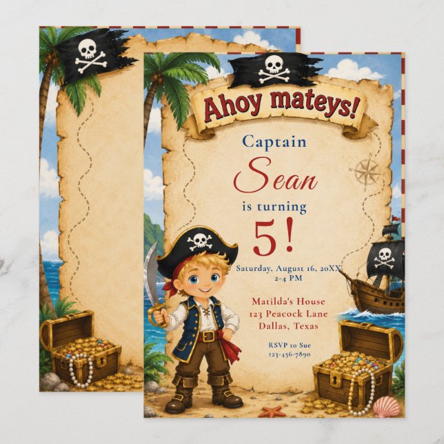 Invitación Fiesta de cumpleaños pirata (Anverso / Reverso)