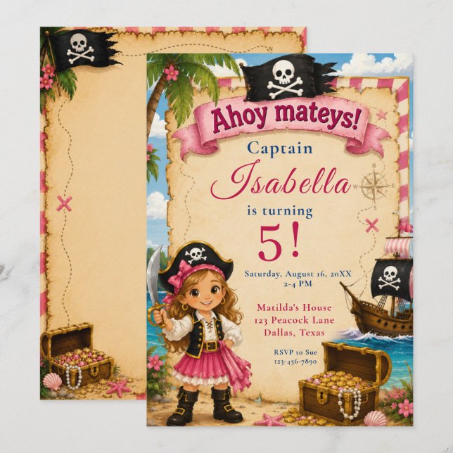 Invitación Fiesta de cumpleaños pirata (Anverso / Reverso)