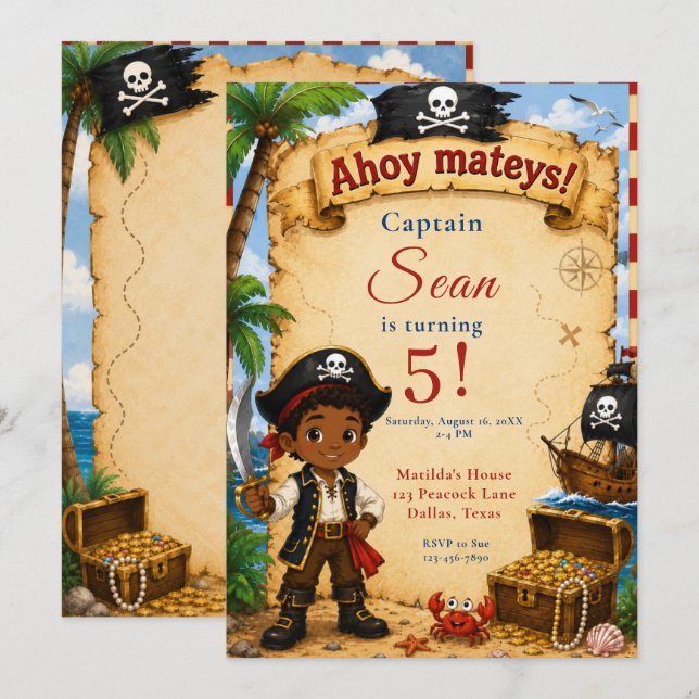 Invitación Fiesta de cumpleaños pirata (Anverso / Reverso)
