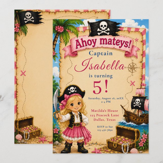 Invitación Fiesta de cumpleaños pirata (Anverso / Reverso)
