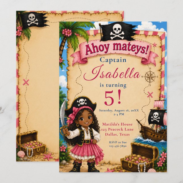 Invitación Fiesta de cumpleaños pirata (Anverso / Reverso)