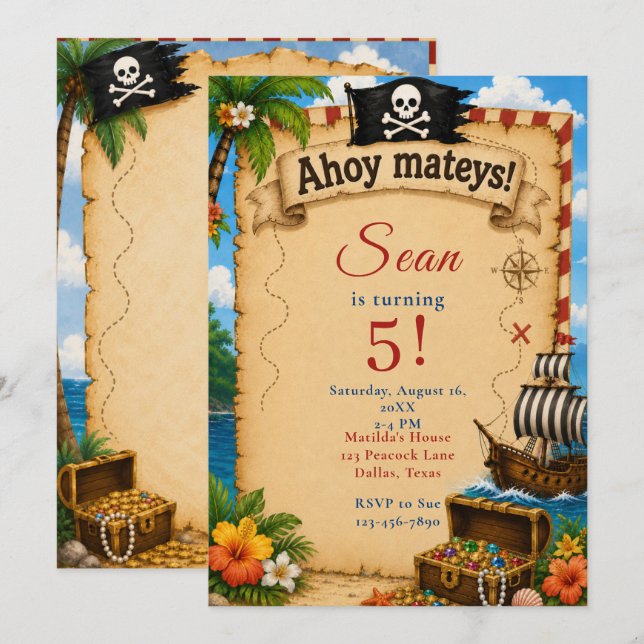 Invitación Fiesta de cumpleaños pirata (Anverso / Reverso)
