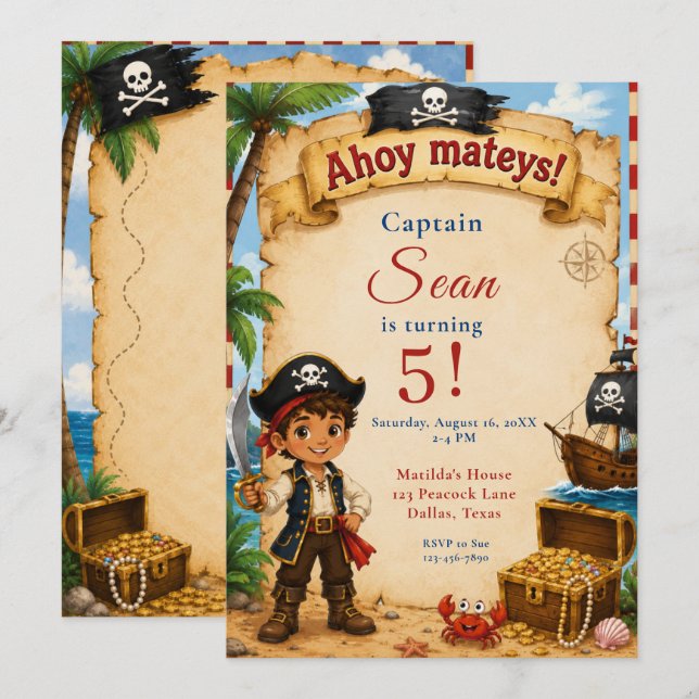 Invitación Fiesta de cumpleaños pirata (Anverso / Reverso)