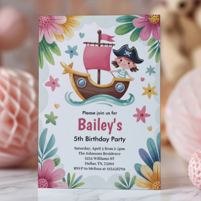 Invitación Fiesta de Cumpleaños Pirata de Chicas Acuarela (Subido por el creador)