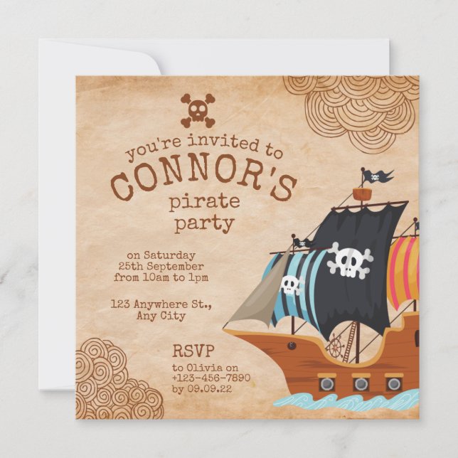 Invitación Fiesta de cumpleaños pirata rústica con barco vint (Anverso)