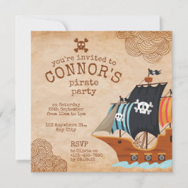 Invitación Fiesta de cumpleaños pirata rústica con barco vint