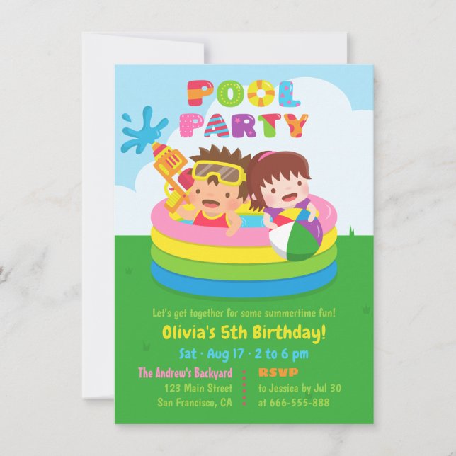 Invitación Fiesta de Cumpleaños Piscina Inflable Mini para Ni (Anverso)