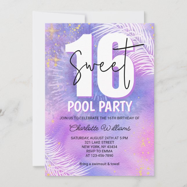 Invitación Fiesta de Cumpleaños Piscina Morado Dulces Diecisé (Anverso)