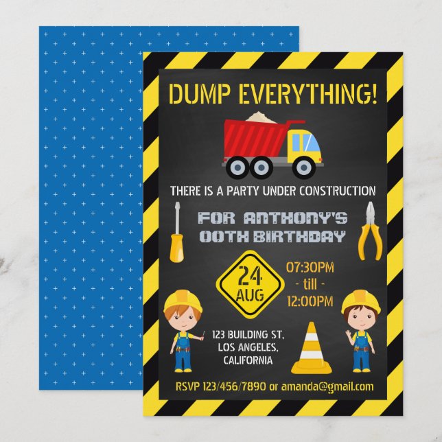 Invitación Fiesta de cumpleaños pizarra de construcción cualq (Anverso / Reverso)