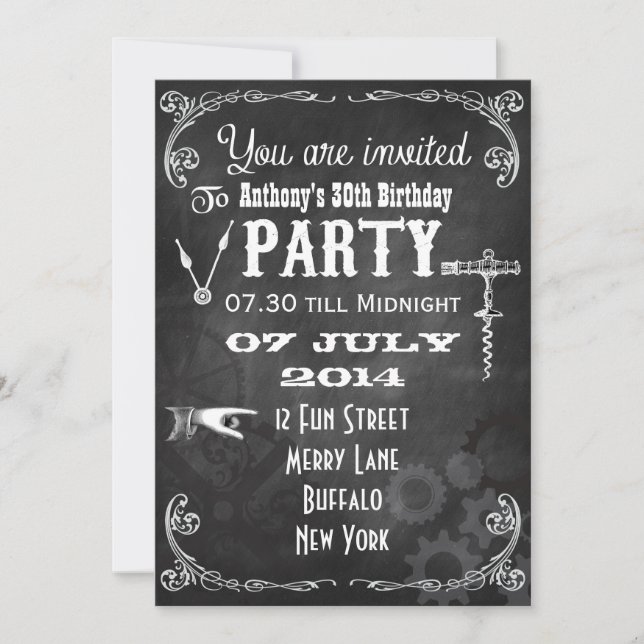 Invitación Fiesta de Cumpleaños Pizarra Steampunk (Anverso)