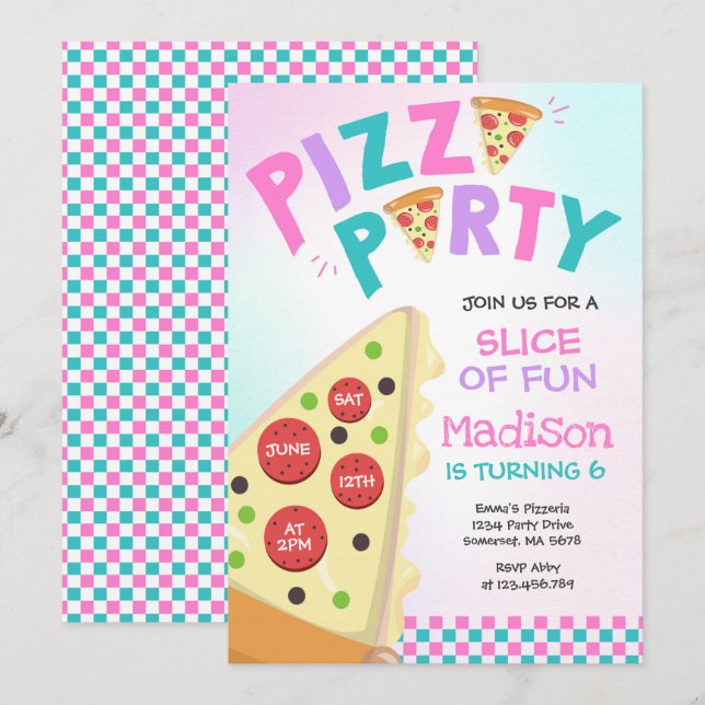 Invitación Fiesta de cumpleaños pizza (Anverso / Reverso)