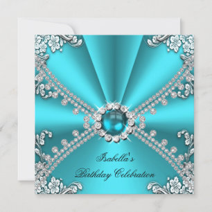 Invitación Fiesta de Cumpleaños Plata Joya Diamante Azul Turq