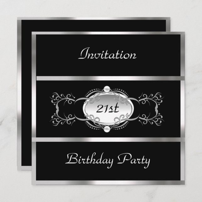 Invitación Fiesta de cumpleaños Plata negra personalizada (Anverso / Reverso)