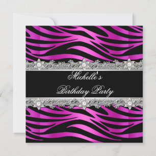 Invitación Fiesta de cumpleaños Plata Plata Caliente Zebra Di
