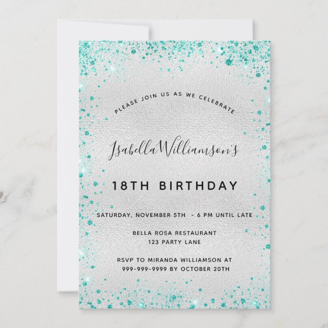 Invitación Fiesta de cumpleaños plata purpurina verde azulado (Anverso)