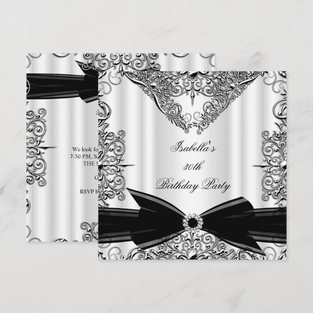 Invitación Fiesta de Cumpleaños Plateada Diamante Negro (Anverso / Reverso)