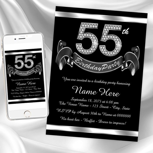 Invitación Fiesta de cumpleaños plateada número 55 (Classy 55th birthday party invitation. Instant download and printed invitations available.)