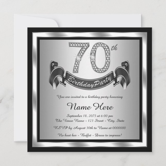 Invitación Fiesta de cumpleaños plateada número 70 (Anverso)