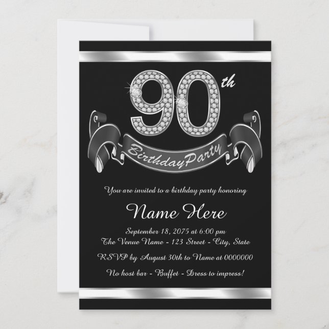 Invitación Fiesta de cumpleaños plateada número 90 (Anverso)