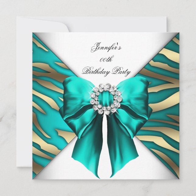 Invitación Fiesta de cumpleaños plateada y teal de cebra para (Anverso)