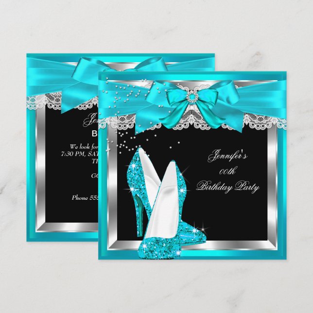 Invitación Fiesta de cumpleaños plateado de alto tacón de Pur (Anverso / Reverso)