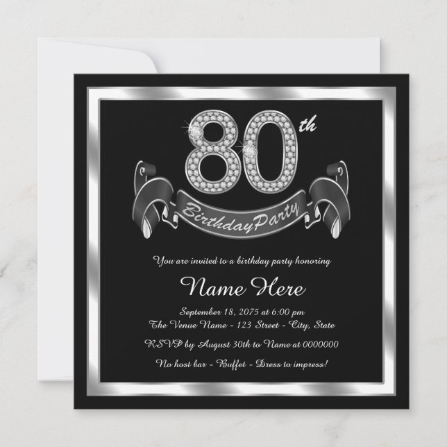 Invitación Fiesta de cumpleaños plateado número 80 (Anverso)